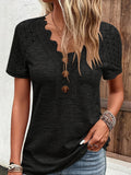 Romildi Contrast Lace Ribbed V Neck T-Shirt, Casual Button Front Short Sleeve Top For Spring & Summer, Women's Clothing