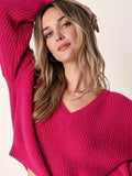 Romildi Solid V Neck Pullover Sweater, Casual Long Sleeve Drop Shoulder Knit Sweater, Women's Clothing