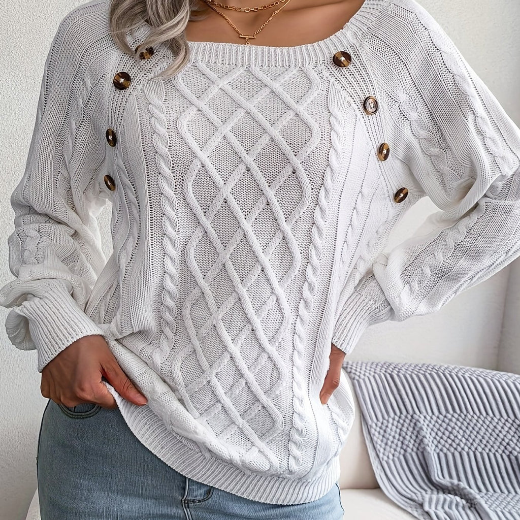 Romildi Solid Cable Knit Sweater, Casual Crew Neck Long Sleeve Sweater, Women's Clothing