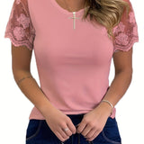 Romildi Women's T-Shirt Elegant Lace Short Sleeve Cut Out Crew Neck Loose Casual Summer T-Shirt