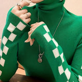 Romildi Plaid Turtle Neck Pullover Sweater, Casual Long Sleeve Slim Versatile Sweater, Women's Clothing