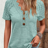 Romildi Contrast Lace Ribbed V Neck T-Shirt, Casual Button Front Short Sleeve Top For Spring & Summer, Women's Clothing