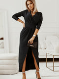 Romildi Sexy V-neck Slit Waist Dress, Casual Solid Asymmetrical Long Sleeve Long Dresses, Women's Clothing