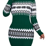 Romildi Christmas Turtleneck Sweater Dress, Long Sleeve Sweater Dress, Casual Sweater Dress For Fall & Winter, Women's Clothing