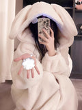 Romildi Cute Rabbit Hooded Fleece Night Robe, Thickened Long Sleeve Button Up Robe With Pockets, Women's Sleepwear & Dresses