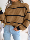 Romildi Striped Lantern Sleeve Sweater, Casual Turtle Neck Long Sleeve Sweater, Casual Tops For Fall & Winter, Women's Clothing