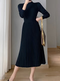 Romildi Solid Pleated Midi Dress, Elegant Mock Neck Long Sleeve Dress, Women's Clothing