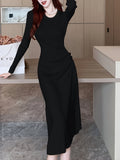 Romildi Ribbed Drawstring Solid Dress, Elegant Crew Neck Long Sleeve Dress, Women's Clothing