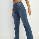 romildi  Elastic Waist Stretchy Straight Jeans, Loose Fit Slant Pockets Washed Denim Pants, Women's Denim Jeans & Clothing