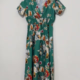Romildi Floral Print Surplice Neck Dress, Boho Short Sleeve Shirred Waist Dress, Women's Clothing
