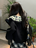 Romildi Floral Pattern Ruffle Trim Lapel Sweater, Casual Long Sleeve Button Sweater For Fall & Winter, Women's Clothing