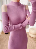 Romildi Cold Shoulder Split Sweater Dress, Elegant Mock Neck Long Sleeve Dress, Women's Clothing