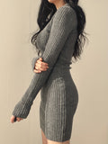 Romildi Solid Knit Sweater Dress, Elegant V Neck Long Sleeve Bodycon Dress For Fall & Winter, Women's Clothing