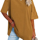 Romildi Drop Shoulder Half Sleeve T-Shirt, Loose Crew Neck Casual Top For Summer & Spring, Women's Clothing