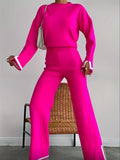 Romildi Casual Contrast Trim Two-piece Set, Long Sleeve Crew Neck Top & Wide Leg Pants Outfits, Women's Clothing