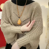 Romildi Elegant Hollow Out Knitted Shawl Stylish Solid Color Pullover Coat Autumn Winter Warm Versatile Bat Sleeves Cloak