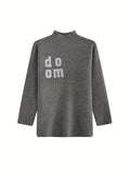 Romildi Letter Pattern Mock Neck Pullover Sweater, Versatile Long Sleeve Loose Sweater For Fall & Winter, Women's Clothing