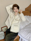 Romildi Contrast Trim Button Down Knit Cardigan, Elegant Long Sleeve Cozy Sweater, Women's Clothing