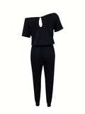 Romildi Slant Shoulder Drawstring Waist Jumpsuit, Casual Solid Short Sleeve Jumpsuit For Spring & Summer, Women's Clothing
