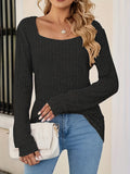 Romildi Squared Neck Rib Knit Sweater, Casual Long Sleeve Solid Sweater, Women's Clothing