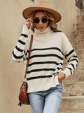 Romildi Striped Turtle Neck Pullover Sweater, Casual Long Sleeve Split Sweater, Women's Clothing