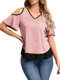 Romildi Sexy Cold Shoulder Blouses, V-neck Casual Color Block Short Sleeve Fashion Loose Tops, Women's Clothing