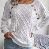 Romildi Women's Sweater Round Neck Texture Button Lantern Sleeve Sweater