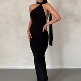 Romildi Solid Halter Neck Dress, Sexy Backless Bodycon Ruched Sleeveless Dress, Women's Clothing
