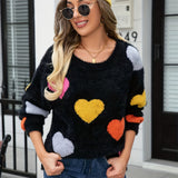 Heart Pattern Crew Neck Fleece Sweater, Valentine's Day Long Sleeve Cozy Pullover Sweater, Women's Clothing