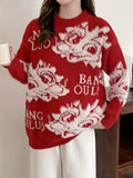 Romildi Dragon Pattern Crew Neck Pullover Sweater, Casual Long Sleeve Loose Sweater, Women's Clothing