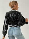Romildi Faux Leather Crop Jacket, Y2K Zip Front Long Sleeve Jacket For Fall & Winter, Women's Clothing