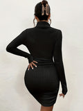 Romildi Ribbed Turtleneck Solid Dress, Elegant Long Sleeve Bodycon Dress, Women's Clothing