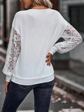 Romildi Floral Lace Stitching Ribbed V Neck T-Shirt, Casual Long Sleeve Top For Spring & Fall, Women's Clothing