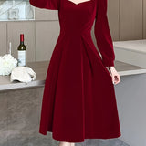 Romildi Tucked Solid Midi Dress, Elegant Long Sleeve Party Dress, Women's Clothing