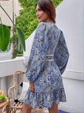 Paisley Print V Neck Dress, Vintage Long Sleeve Dress For Spring & Fall, Women's Clothing