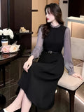 Romildi Color Block Lettuce Trim Dress, Elegant Long Sleeve Midi Dress, Women's Clothing