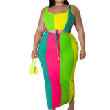 Romildi Romildi Plus Size Colorblock Ribbed Drawstring Tank Top & Slim Fit Skirt Sets, Women's Plus Medium Stretch 2pcs Sets