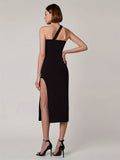 Romildi One-shoulder Sleeveless Dress, Stylish Solid Color Split Hem Slim Dress, Women's Clothing