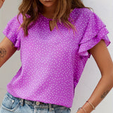 Romildi Polka Dot Ruffle Layered Hem Blouse, Casual Crew Neck Blouse For Spring & Summer, Women's Clothing