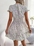 Romildi Ditsy Floral Print Tie Front Dress, Vacation Shirred Waist Short Sleeve Ruffle Trim Dress, Women's Clothing