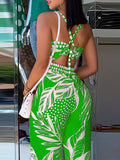 Romildi Tropical Print Wide Leg Jumpsuit, Boho Sleeveless Jumpsuit For Spring & Summer, Women's Clothing