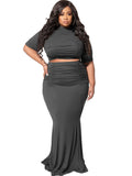 Romildi Romildi Plus Size Solid Ruched Front Short Sleeve Crop Tops & Maxi Skirts Set, Women's Plus Slight Stretch Elegant 2pcs Set Outfits