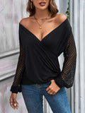 Romildi Cutout Lace Stitching Ruched T-Shirt, Casual Long Sleeve Top For Spring & Fall, Women's Clothing