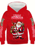 Festive Boys' Winter Hoodie - Fashion Sweatshirts with Santa & Reindeer Print, Long Sleeve Pullover, Casual Polyester Knit with Spandex, Regular Fit for Ages 12 & Under, Perfect for Fall and Winter Seasons