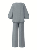 Romildi Solid Casual Two-piece Set, V Neck Lantern Sleeve Tops & Wide Leg Pants Outfits, Women's Clothing