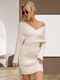 Romildi Rib Knit Sweater Dress, Sexy V Neck Long Sleeve Bodycon Dress, Women's Clothing