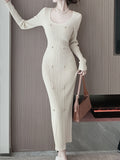 Romildi Ribbed Slim Solid Dress, Elegant Long Sleeve Dress For Spring & Fall, Women's Clothing
