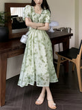 Floral Print Square Neck Shirred Dress, Elegant Puff Sleeve Ruffle Hem Swing Dress, Women's Clothing