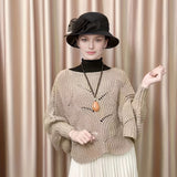 Romildi Elegant Hollow Out Knitted Shawl Stylish Solid Color Pullover Coat Autumn Winter Warm Versatile Bat Sleeves Cloak