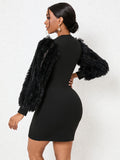 Romildi Fluffy Solid Bodycon Dress, Elegant Crew Neck Long Sleeve Dress, Women's Clothing